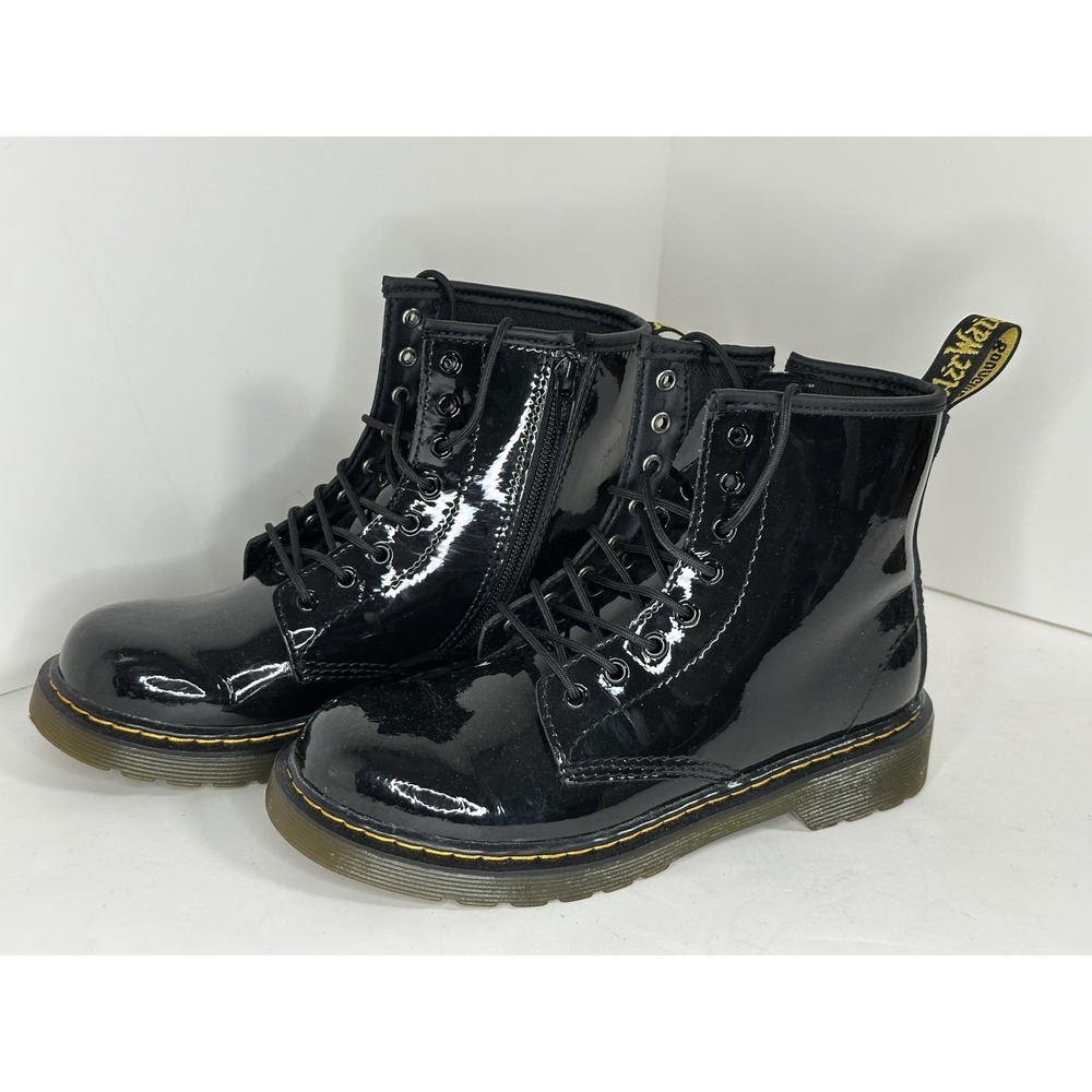 Dr. Martens Combat Boots Youth Kids Sz 3 Black Patent‎ Leather Lace Zip 1460J
